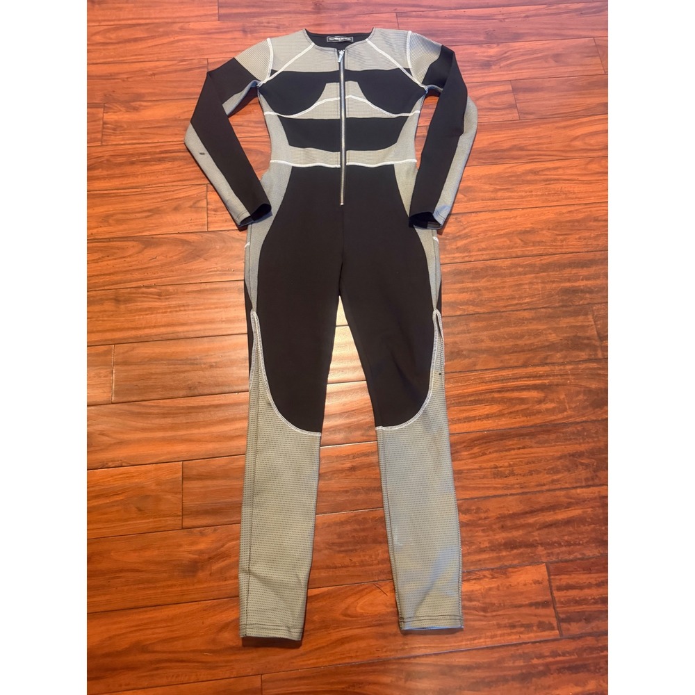 Maniere De Voir Womens Colorblock Zip Front Long Sleeve Jumpsuit Black Grey 12 - Picture 2 of 11